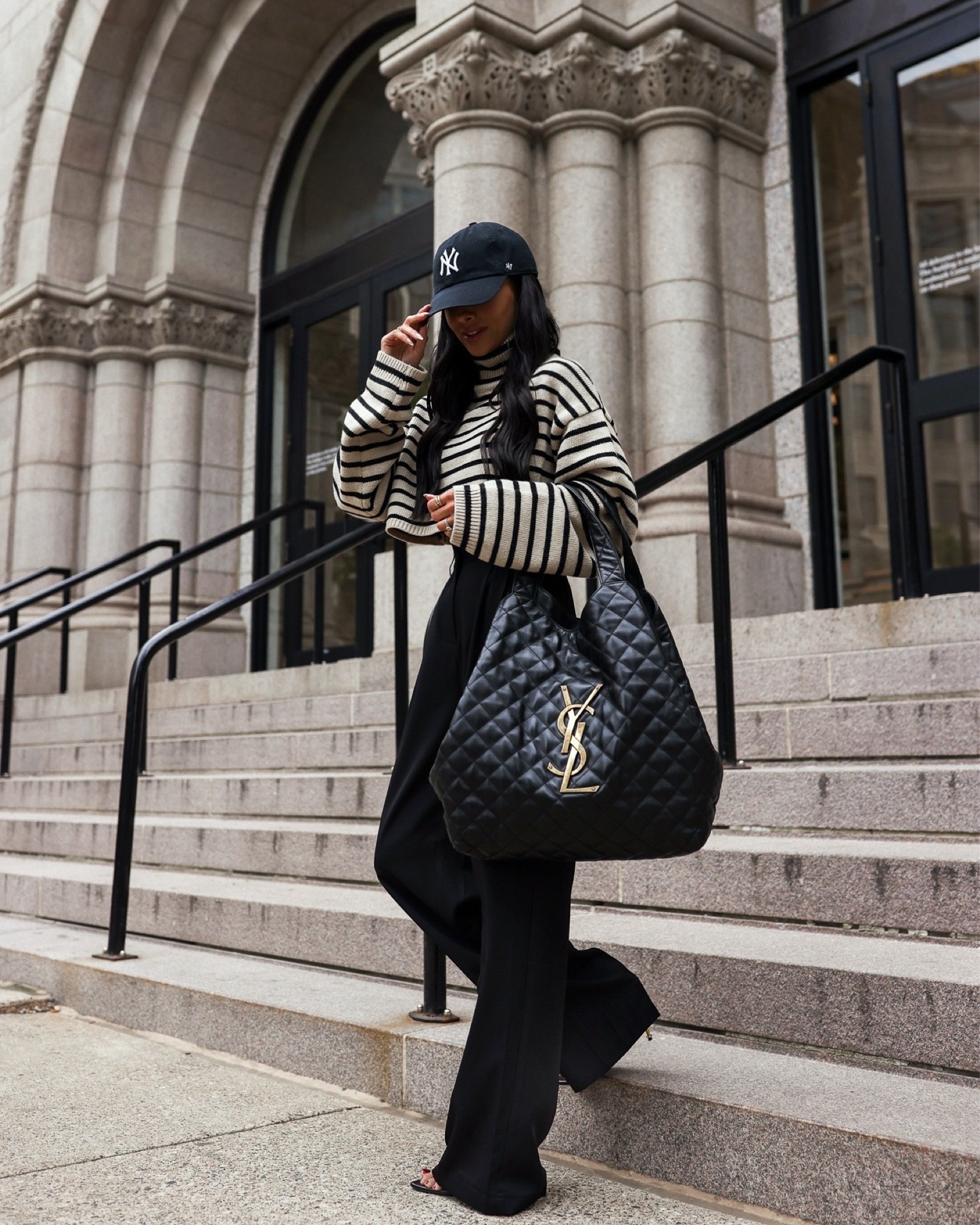 Transitional fall outfit 
Similar striped sweater 
Amazon wide leg pants under $40
Saint Laurent maxi tote


#LTKFindsUnder100 #LTKStyleTip #LTKSeasonal