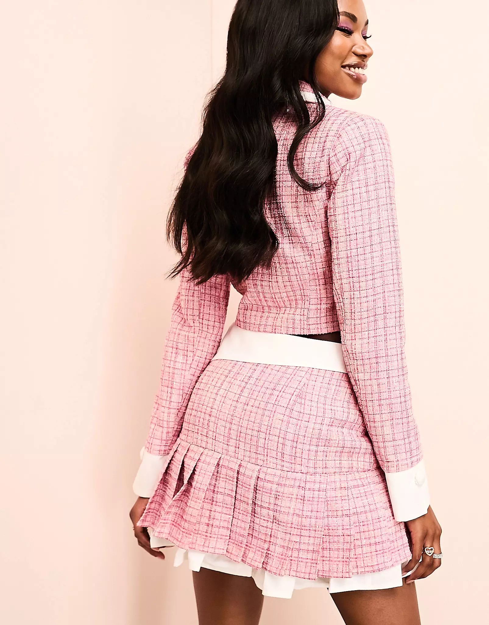 ASOS LUXE boucle pleat mini skirt with poplin detail in pink - part of a set | ASOS (Global)