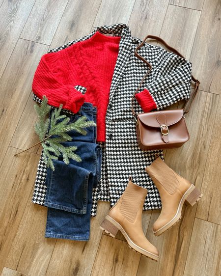 Christmas outfit. Houndstooth coat. Black-and-white coat. Red sweater. Holiday outfit. Brown boots. Brown Chelsea boots. 90s jeans.

#LTKHoliday #LTKSeasonal #LTKGiftGuide