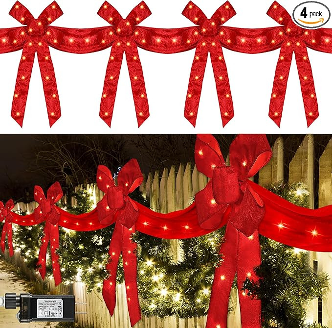 Enhon 4 Pack Lighted Christmas Ribbon and Bows Fence Decoration, 13 ft Long 20 x 11'' Large Chris... | Amazon (US)