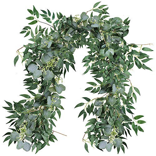 Fake Greenery Garlands Artificial Silver Dollar Eucalyptus Garland in Grey Green and Willow Twigs Garland Intertwined Together for Rustic Wedding Arch Swag Doorways Table Runner Decoration | Amazon (US)