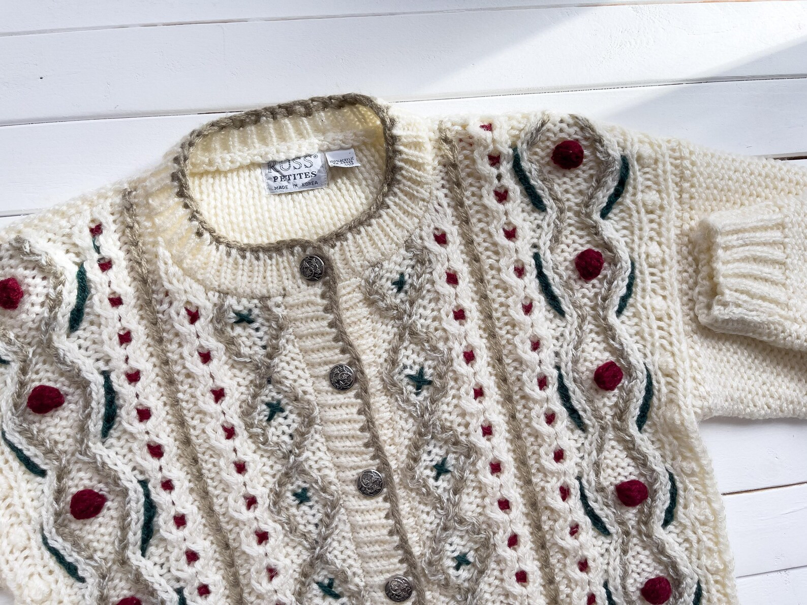 vtg Russ cream Fair Isle embroidered cardigan sweater | Etsy (US)