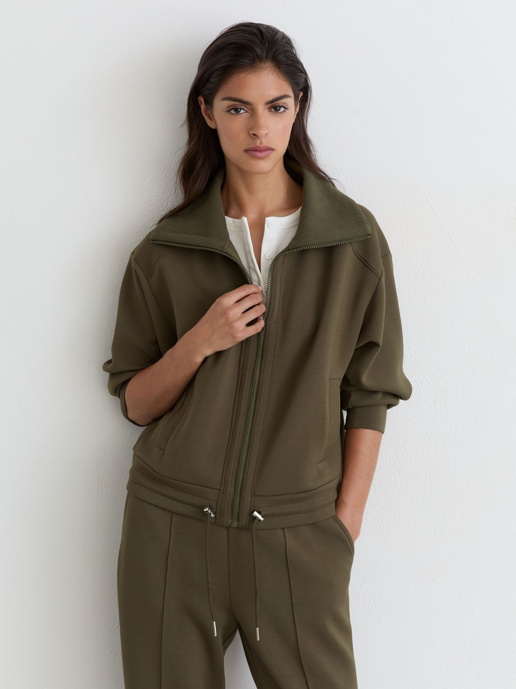 Reiss Premium Interlock Zip-Front Sweatshirt in Khaki Green - REISS | Reiss UK