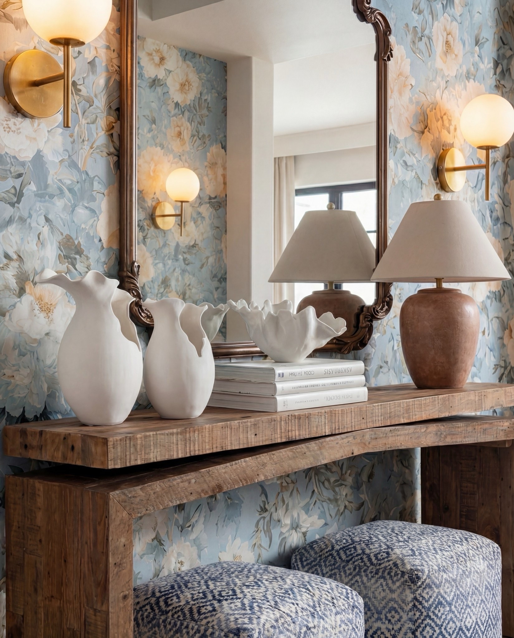 Shop the Look:
• Reclaimed wood waterfall console table
• Blue & cream floral wallpaper with watercolor undertones
• Carved antique-style bronze mirror
• Brass globe wall sconces
• Blue geometric patterned ottomans
• Vintage-wash blue and ivory runner
• Sculptural white ceramic vases
• Textured terracotta table lamp
• Neutral hardcover styling books
• Large white ceramic shell bowl



#LTKSaleAlert #LTKHome