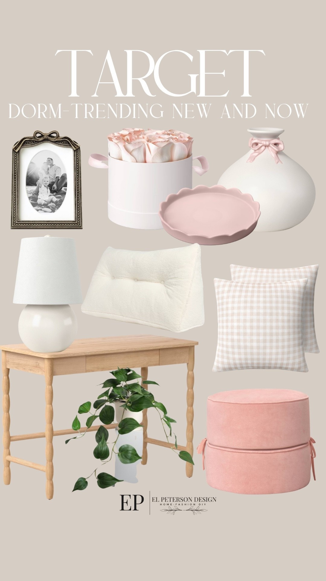 Target
New and Now 
Picture frame
Desk
Table lamp
Plant
Ottoman
Tray 
Vase

#LTKHome