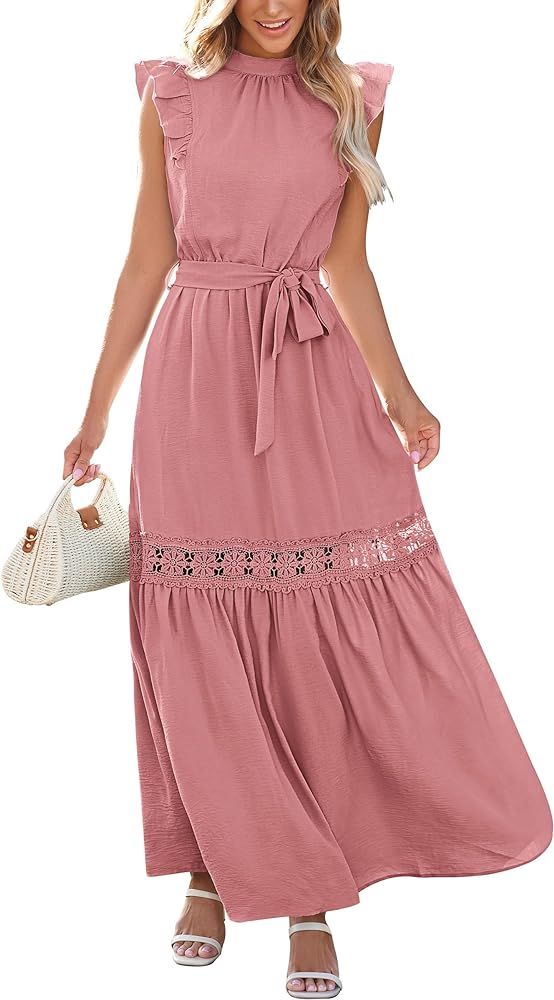 PRETTYGARDEN Women's Casual Maxi Dress Summer Ruffle Cap Sleeve A Line Long Flowy Dresses with Be... | Amazon (US)