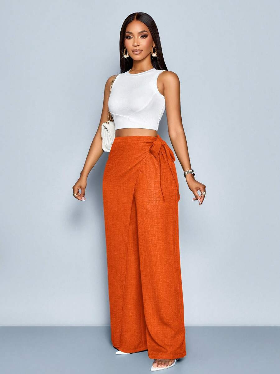 SOLERSUN Women's Linen-Like Belted High Waist Linen-Blend Tie Side Belted Wide Leg Pants | SHEIN