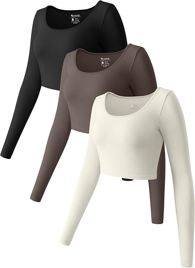 OQQ Women's 3 Piece Crop Tops Long Sleeve Round Neck Stretch Fitted Underscrubs Shirts Crop Tops | Amazon (US)