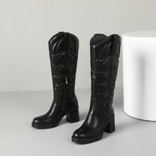 Black Knee High Boots For Women Cowboy Boots With Platform Fashion Embroidery And Chunky High Heel Design Black | SHEIN