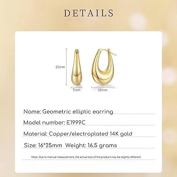 Small Gold Hoops, 14K Plated Gold Hoop Earrings, Geometric Elliptic Chunky Gold Hoop Earrings, Fa... | Amazon (US)