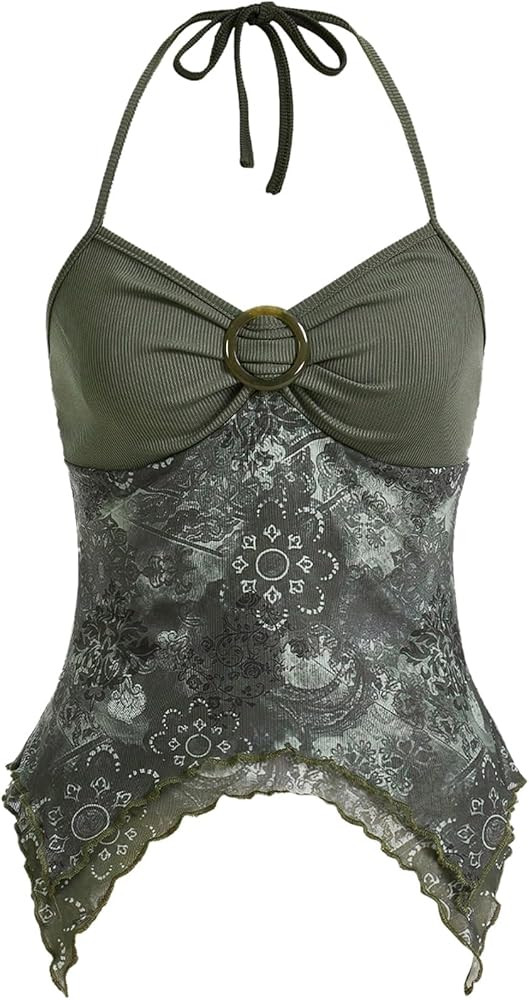 Verdusa Women's Y2k Halter Top Floral Streetwear Asymmetrical Hippie Fairy Cami Going Out Tops | Amazon (US)