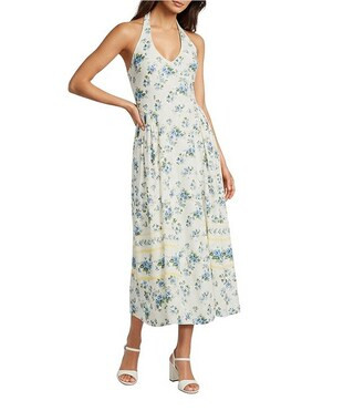 Iris Floral Linen Halter Neck Sleeveless Drop Waist Midi Dress | Dillard's
