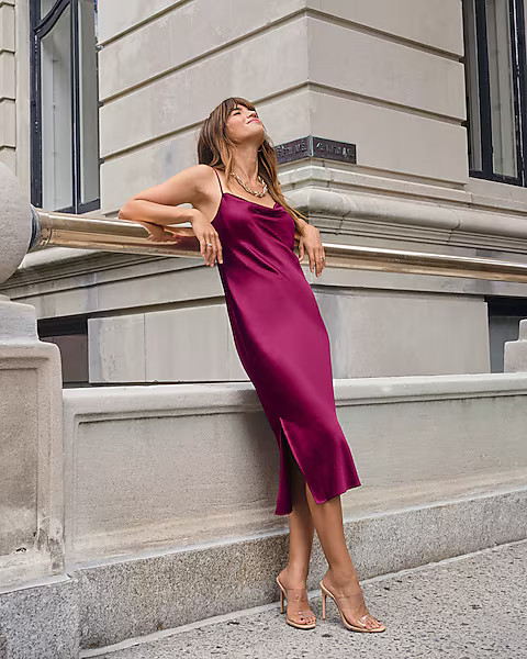 Satin Cowl Neck Midi Slip Dress | Express