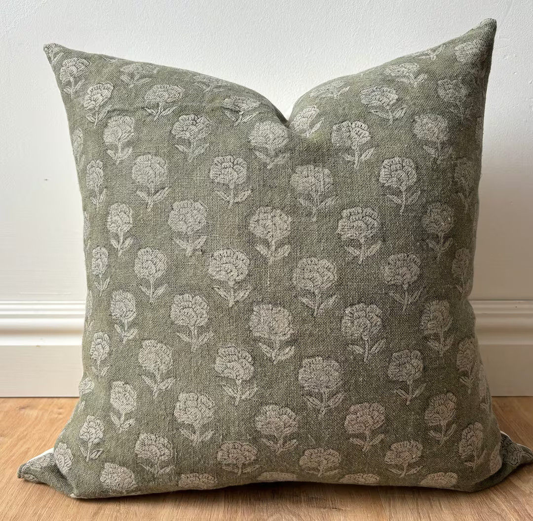 Authentic Boho Floral Indian Hand Block Stamped Linen Print Pillow Cover Green off White Natural ... | Etsy (US)