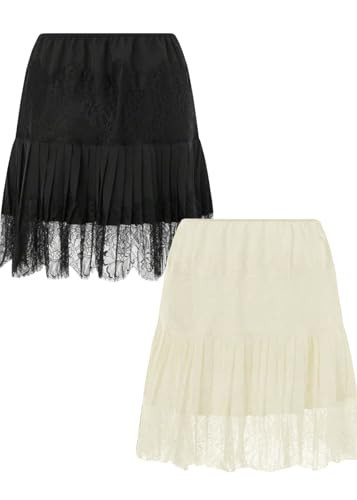 niyokki Women's Y2k Vintage Skirts Lace Slip Skirt Pleated Ruffle Floral Lace Tiered Short Mini Underskirt(Black and Beige-M) | Amazon (US)
