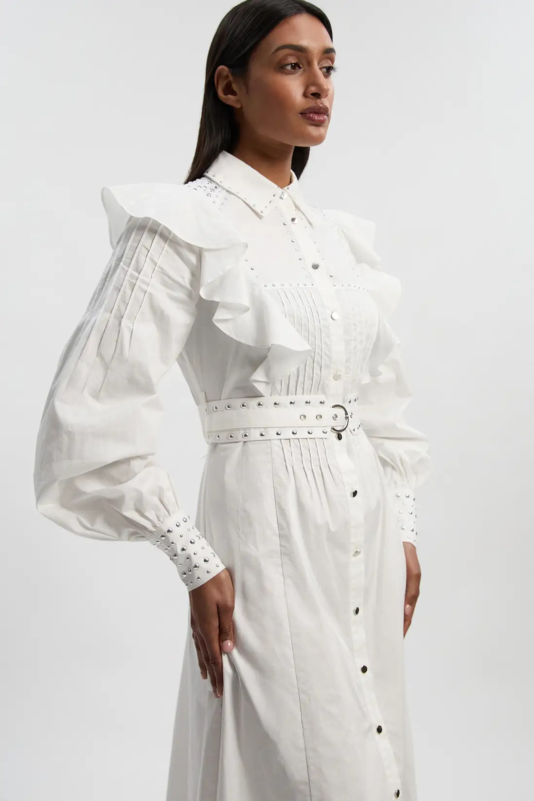 Petite Cotton Sateen Drama Sleeve Studded Woven Maxi Shirt Dress | Karen Millen UK + IE + DE + NL