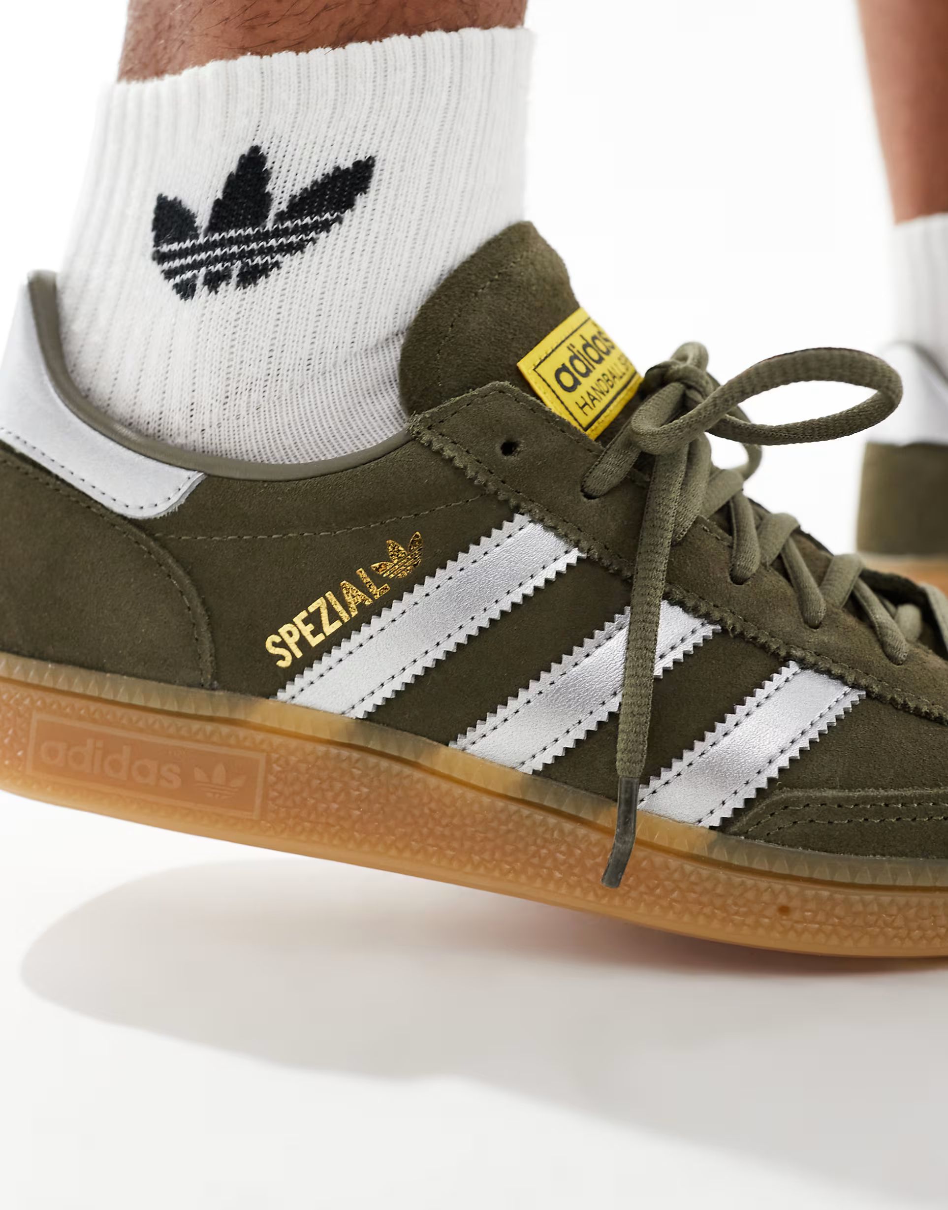 adidas Originals gum sole Handball Spezial trainers in olive and silver | ASOS (Global)