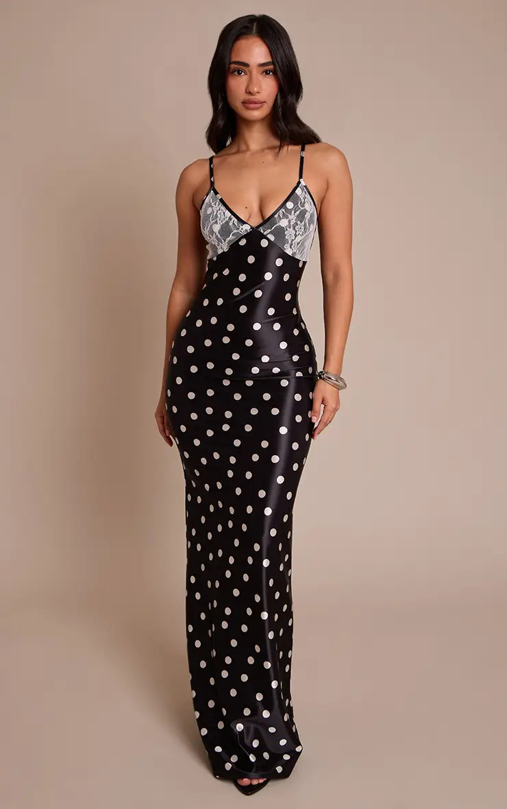 Petite Black Polka Dot Lace Detail Maxi Dress | PrettyLittleThing US