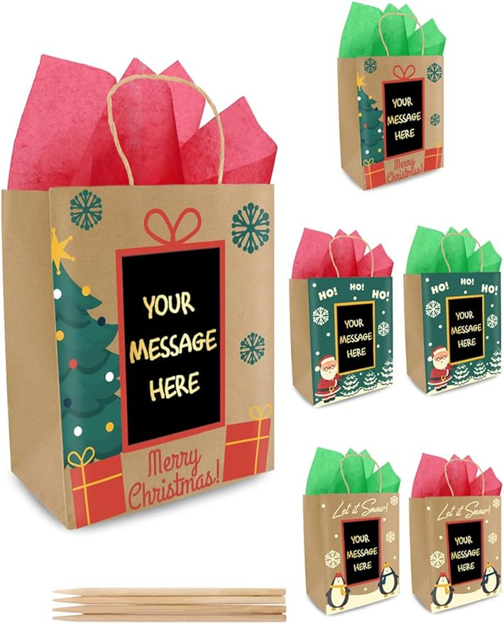 6 Brown Christmas Gift Bags Medium Size Bulk, 8" with Scratch Paper Panel for Personalized Messag... | Amazon (US)
