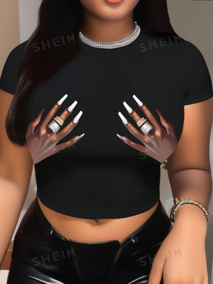 SHEIN Slayr Women's Round Neck Short Sleeve T-Shirt With Palm Print | SHEIN