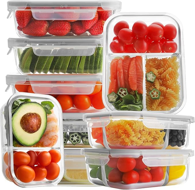 Bayco 9 Pack Glass Meal Prep Containers - 3, 2 & 1 Compartment Glass Food Storage Containers with... | Amazon (US)
