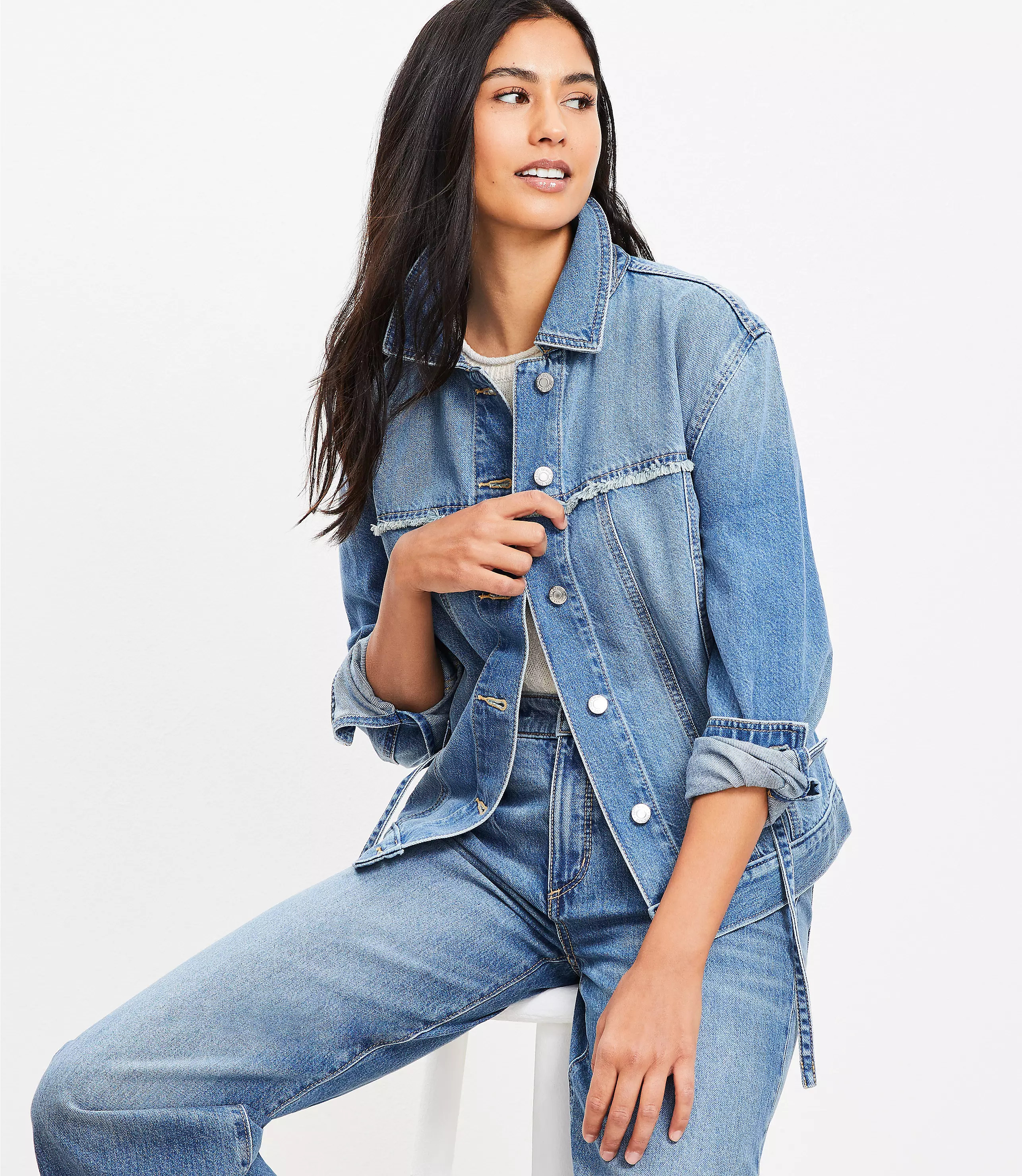 Petite Tie Waist Denim Trucker Jacket in Luxe Medium Wash | LOFT