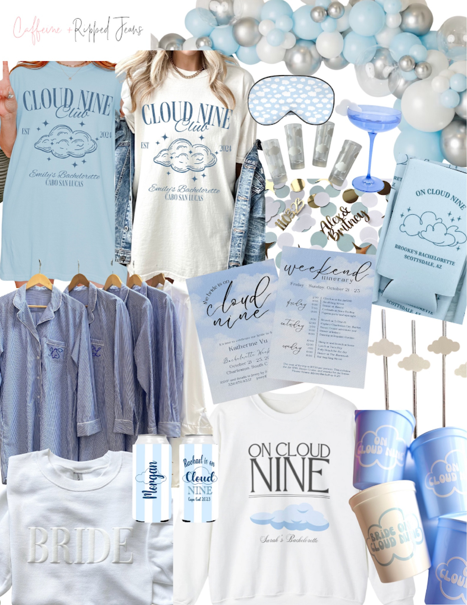 // cloud nine ☁️ bachelorette party theme // bachelorette party theme // bachelorette // bachelorette shirts // cloud eye mask // bride sweatshirt // bridesmaid pajamas // on cloud nine itinerary // cloud cups // balloons // cloud shot glasses // 

#LTKparties #LTKwedding #LTKfindsunder50
