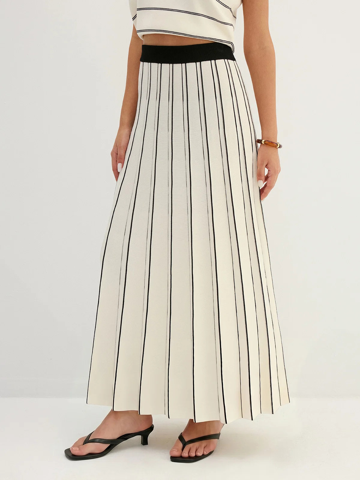 Striped Knit Pleated Maxi Skirt | Commense