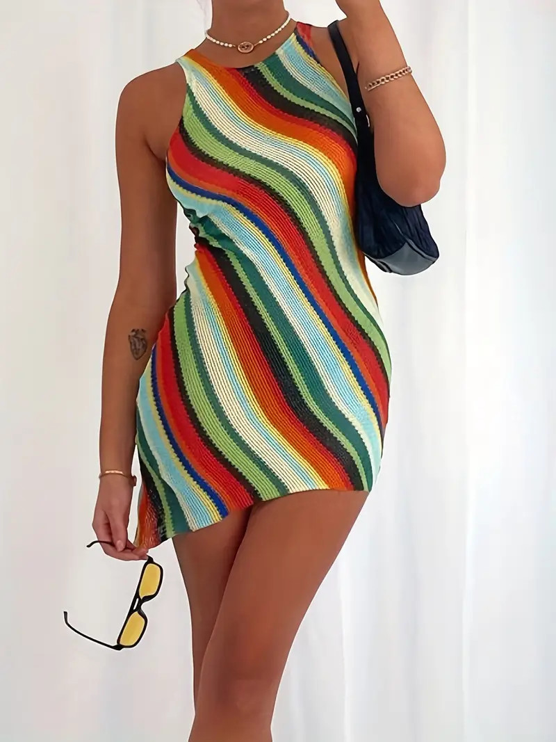 Rainbow Pattern Knitted Bodycon Dress Casual Halter Neck - Temu | Temu Affiliate Program