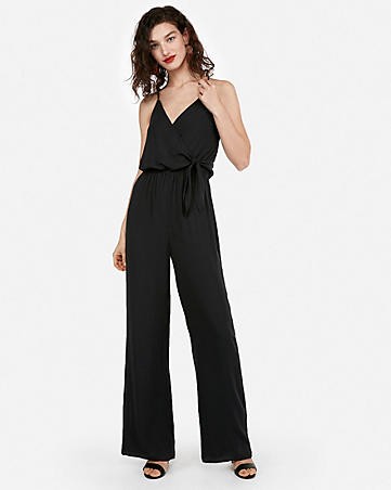 surplice tie front wide leg jumpsuit | Express