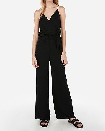 surplice tie front wide leg jumpsuit | Express