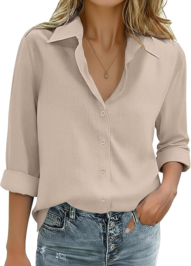 Zeagoo Womens Cotton Button Down Shirts Long Sleeve Collared Blouse S-3XL | 100% Cotton, V Neck T... | Amazon (US)