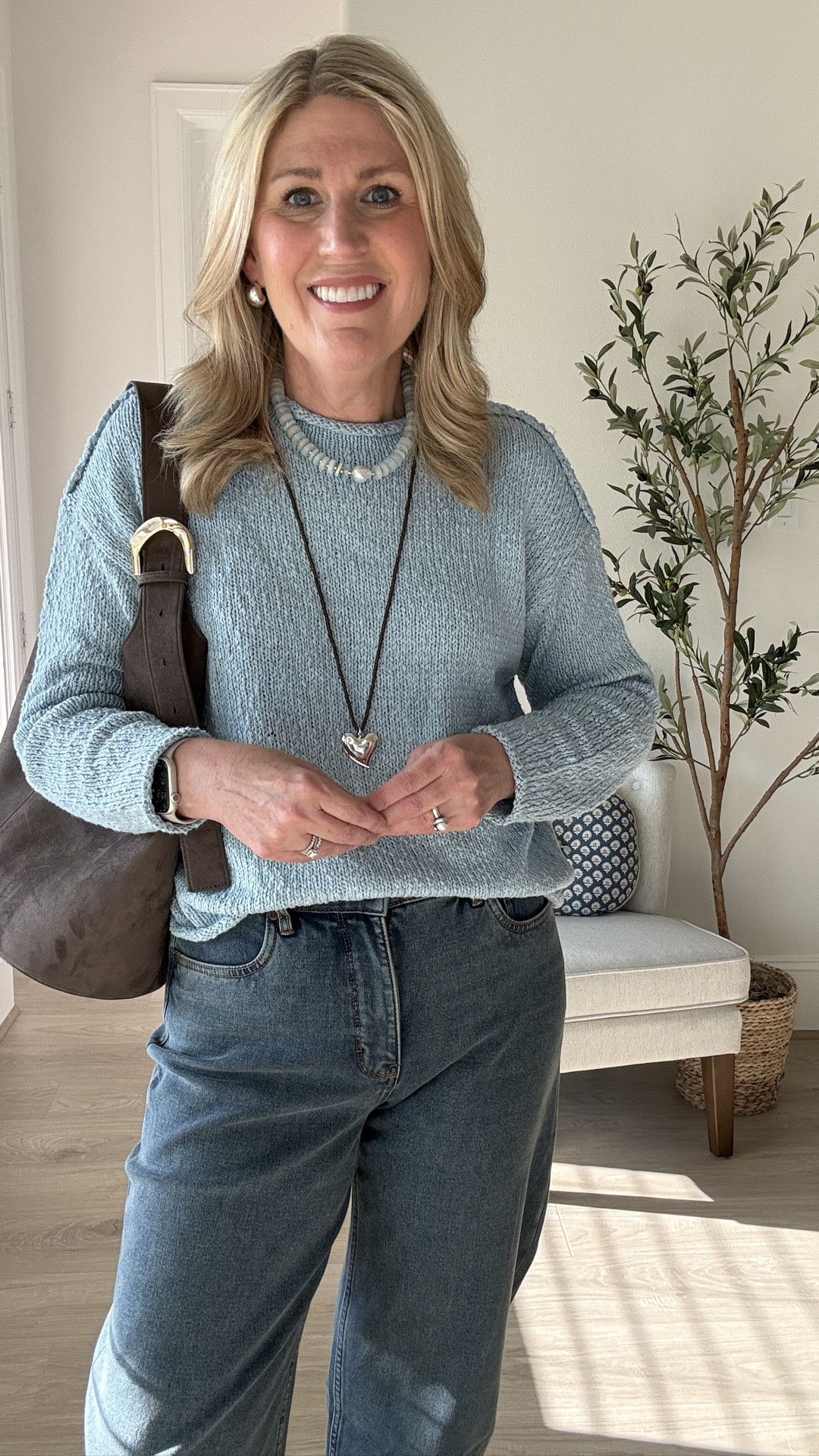 Sweater is a cotton blend.
Relaxed fit. Runs tts. Color blue.
Denim run tts. Some stretch.

#LTKootd #LTKSeasonal #LTKOver40