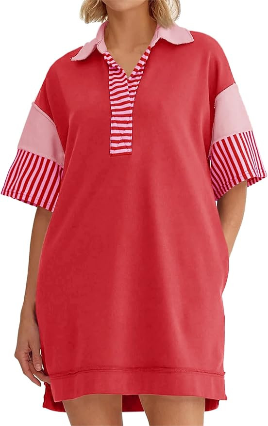 Wenrine Women's Polo V Neck T Shirt Dress Casual Summer Oversized Color Block Short Sleeve Sweats... | Amazon (US)