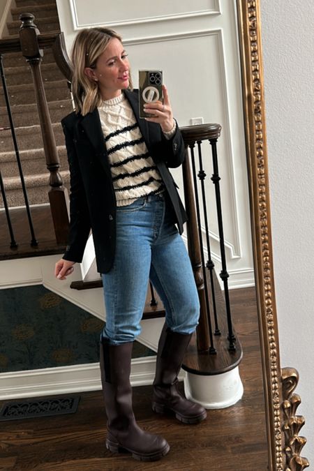 #Sezane and #Aritzia favorites. High ‘it’ boots from #ganni, this color on major sale. Princess Diana vibes, cold weather layering. Blazer and denim on sale too! 

#LTKsalealert #LTKstyletip #LTKshoecrush