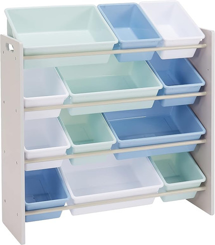 Click for more info about Amazon Basics Kids Toy Storage Organizer with 12 Plastic Bins - Grey Wood with Blue Bins