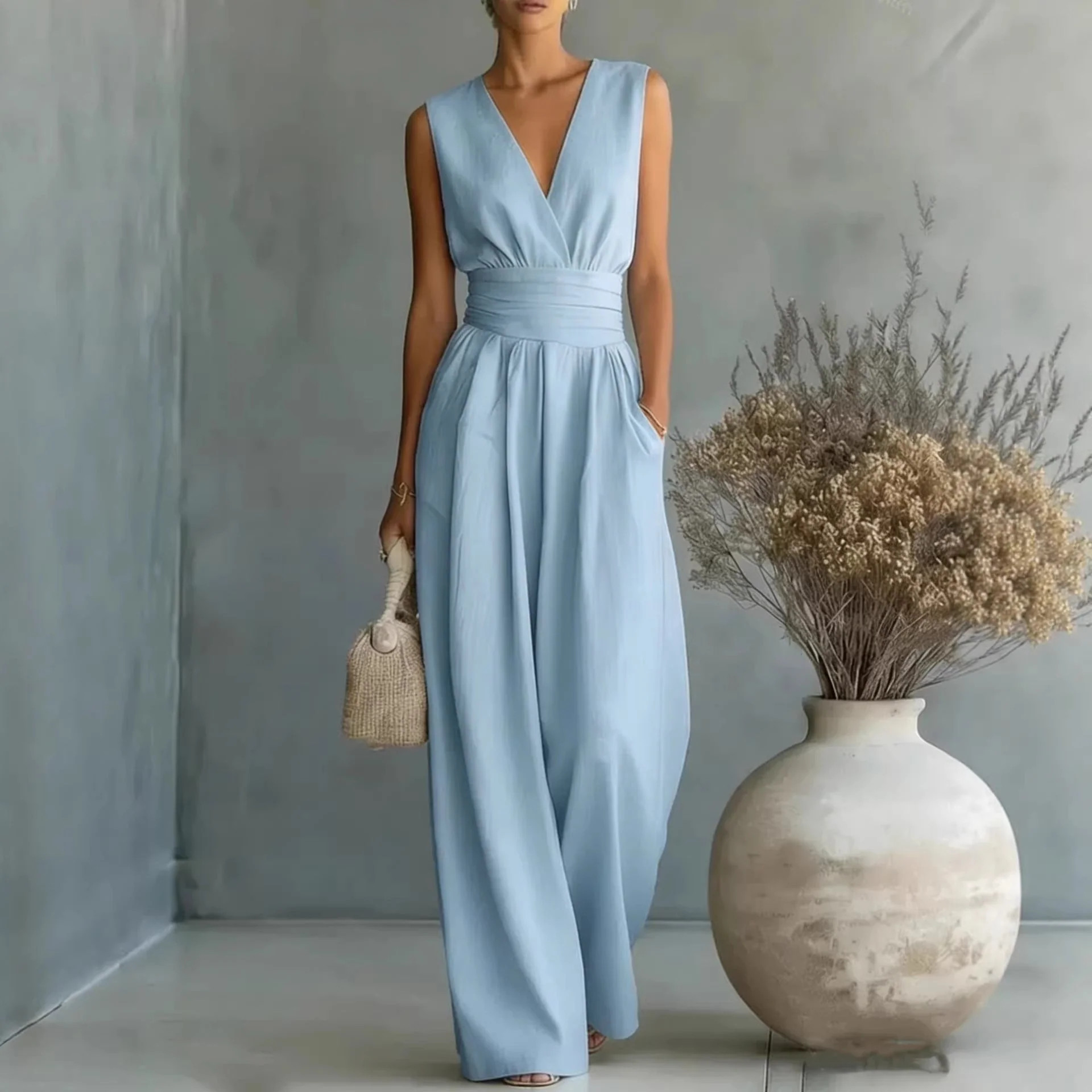 Women's Elegant V-Neck Sleeveless Jumpsuit \u2013 Waist-Cinching Straight L | Zulily