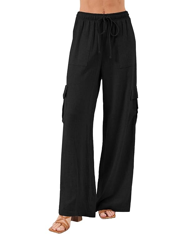 Beautiful Nomad Women's Linen Cargo Pants Casual High Waisted Wide Leg Pant Baggy Trousers with P... | Amazon (US)