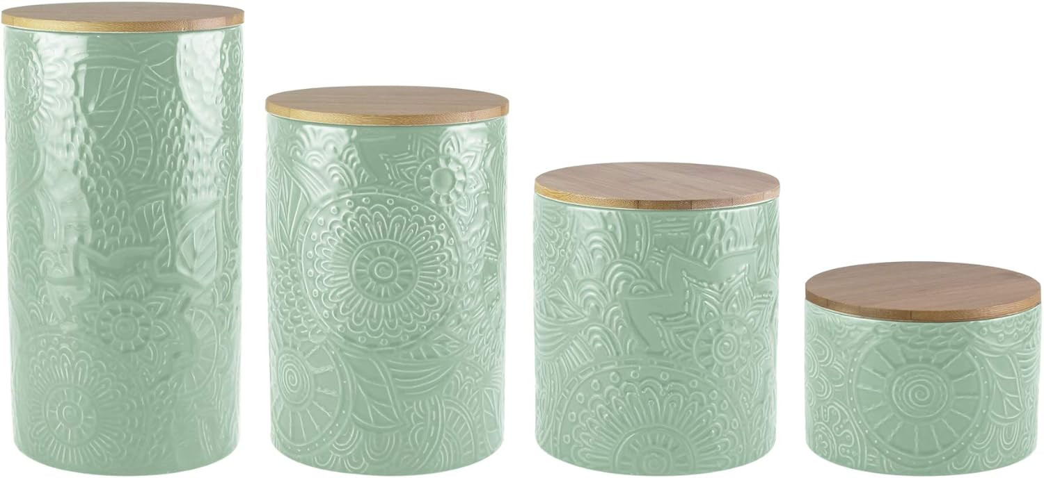 American Atelier Embossed Canister Set 4-Piece Ceramic Set Jar Container with Wooden Lids for Coo... | Amazon (US)