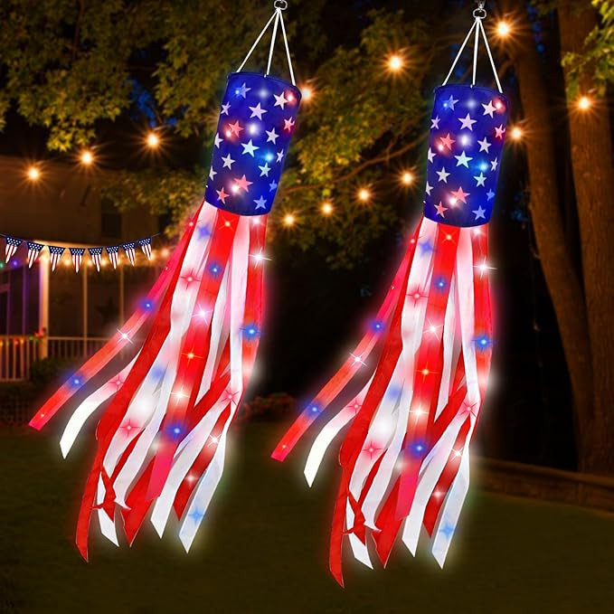 2 Pack 60 Inch American Flag Windsock with Red White Blue LED Lights, 250th Anniversary USA 4th o... | Amazon (US)