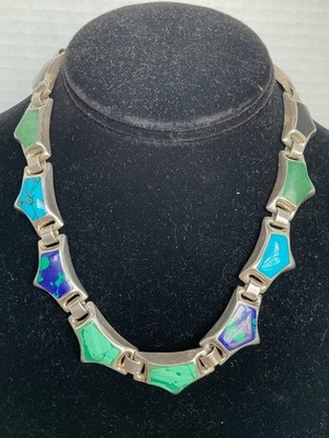 Mexico 950 Silver multi Gemstone Inlay Necklace Turquoise malachite ect Vintage | eBay US