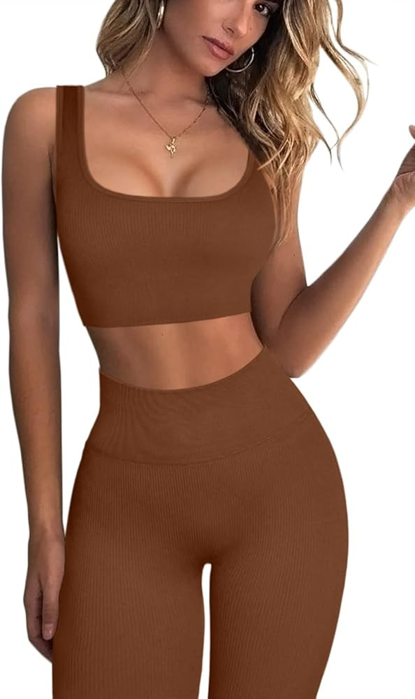 QINSEN Ribbed Workout Outfits for Women 2 Piece Seamless Sport Bra High Waist Yoga Leggings Sets | Amazon (US)