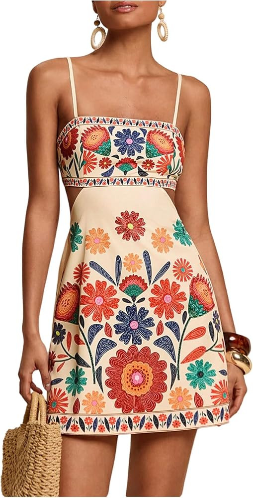 SweatyRocks Women's Boho Flora A Line Mini Dresses Cut Out Open Back Shirred Sleeveless Summer Dr... | Amazon (US)