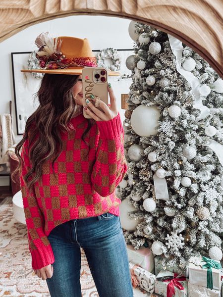 new from red dress ⭐️ size 26 in these jeans. size S in the sweater. my hat was designed at the fleastyle hat bar

#LTKSeasonal #LTKstyletip #LTKHoliday