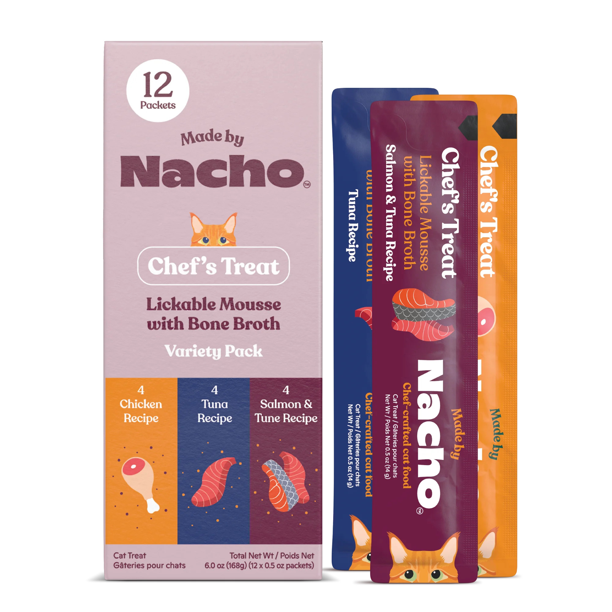 Made by Nacho Lickable Cat Treats, Mousse Tubes with Bone Broth Variety Pack, Chicken, Tuna, Salmon and Tuna, No Grains, Corn, Wheat or Soy, 12 Count, 0.5oz Each - Walmart.com | Walmart (US)