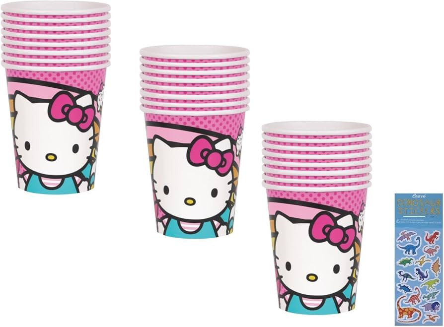 Unique Hello Kitty Birthday Party Supplies Bundle includes 24 Party Paper Cups and 1 Dinosaur Sti... | Amazon (US)