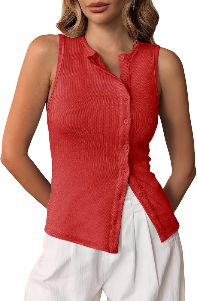 Cicy Bell Womens Button Down Tank Tops Summer Sleeveless Vest Tops Trendy Ribbed Fitted Going Out... | Amazon (US)