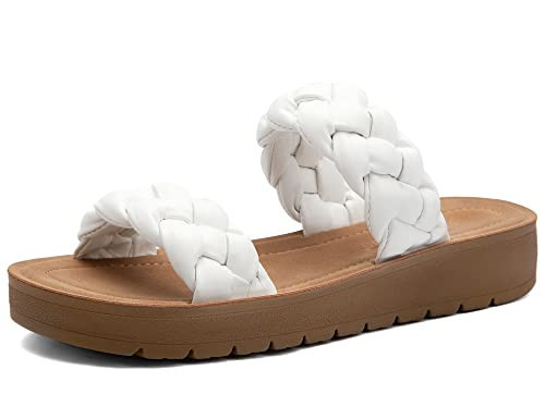 MaxMuxun Flat Sandals for Women Braided Slide Sandal Open Toe Two Band Slip On Casual Summer Dressy Shoes White Size 8 | Amazon (US)