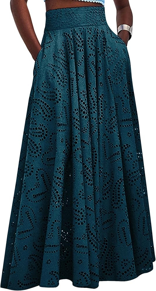 Women Fall Long Maxi Eyelet Embroidered Party Club Pleated Cute Ladies Skirt | Amazon (US)