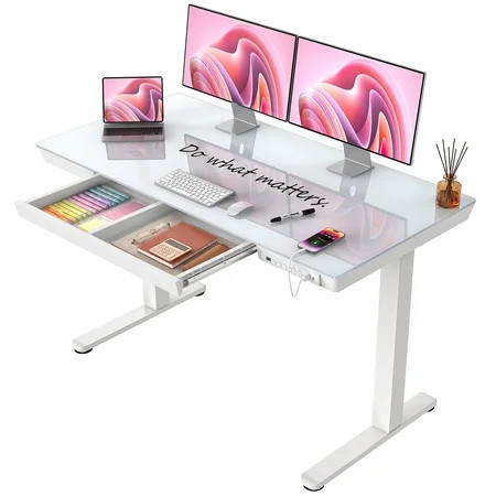 CHITOOMA Glass Top Electric Standing Desk with Drawer, 48'' x 24'' Electric Height Adjustable Desk with USB Charging Ports, Sit Stand up for Home Office | Walmart (US)